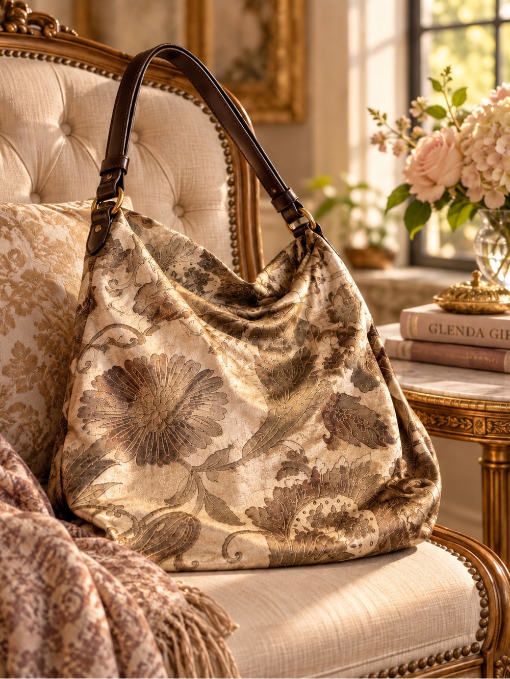 Glenda Geis Elegant Floral Jacquard Tote Bag in Champagne Green